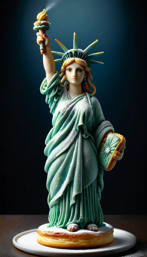 pastry Statue of Liberty, sprinkled with sugar powder, pastry Statue of Liberty, sprinkled with sugar powder, placed shiny, intricate, elegant, highly detailed, wonderful colors, sweet, sharp focus, symmetry, fine detail, vibrant composition, beautiful perfect full, cinematic, background, professional, surreal, dramatic ambient, expressive, thought, iconic, cute, magical, open, glorious, light, shining, majestic, extremely coherent