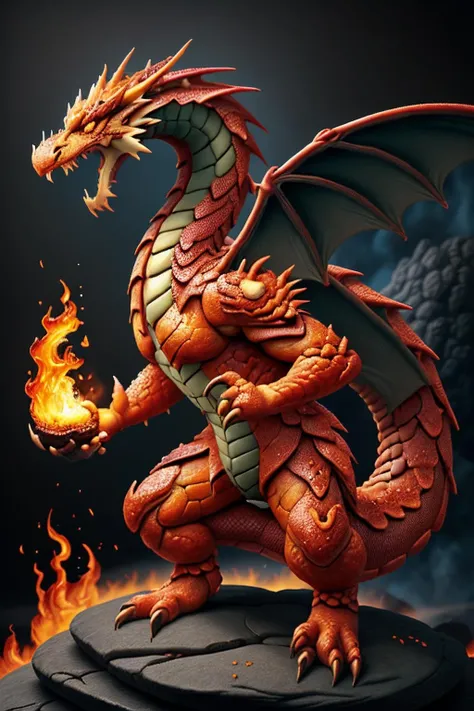 dragon made out of pastry, standing on lava rock, breathing fire <lora:ral-pastry-sd15:1>