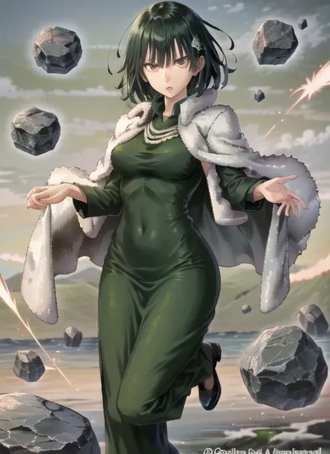 ((best quality)), ((highly detailed)), masterpiece, ((official art)), (detailed eyes, deep eyes), (1girl), full body, <lora:fubukiOnePunchMan_v10:.7>, fubuki, short hair, straight hair, green hair, (green eyes), large breasts, telekinesis, levitation, floating rocks, green dress, collared dress, jewelry, (white fur coat)