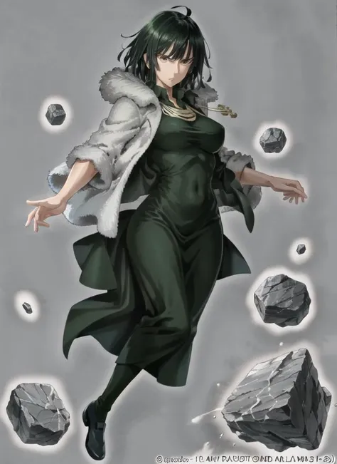 ((best quality)), ((highly detailed)), masterpiece, ((official art)), (detailed eyes, deep eyes), (1girl), full body, <lora:fubukiOnePunchMan_v10:.85>, fubuki, short hair, straight hair, green hair, (green eyes), large breasts, telekinesis, levitation, floating rocks, green dress, collared dress, jewelry, (white fur coat)
