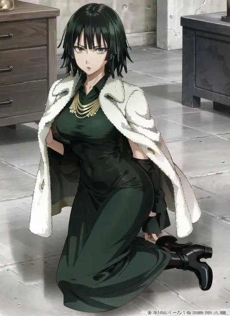 ((best quality)), ((highly detailed)), masterpiece, ((official art)), (detailed eyes, deep eyes), (1girl), full body, <lora:fubukiOnePunchMan_v10:.8>, fubuki, short hair, straight hair, green hair, (green eyes), large breasts, green dress, collared dress, jewelry, (white fur coat)