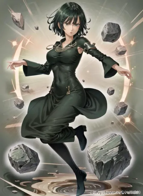 ((best quality)), ((highly detailed)), masterpiece, ((official art)), (detailed eyes, deep eyes), (1girl), full body, <lora:fubukiOnePunchMan_v10:.85>, fubuki, short hair, straight hair, green hair, (green eyes), large breasts, telekinesis, levitation, floating rocks, shoulder guard