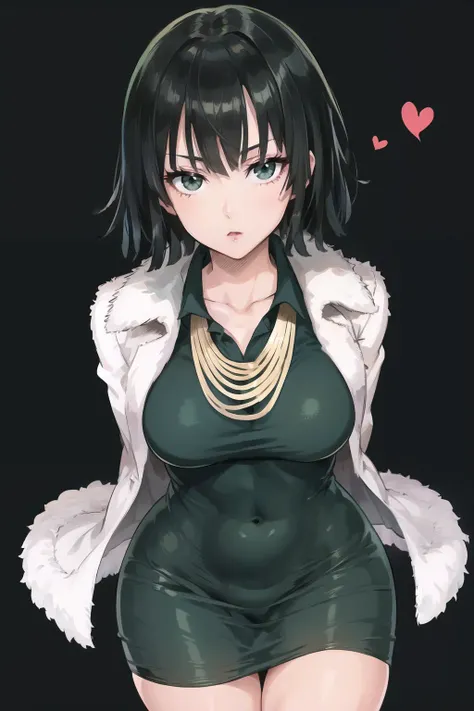 fubuki, 1girl, solo, short dress, fur coat, green eyes, looking at viewer, leaning forward, <lora:fubuki-06:0.8>, arms behind back, thigh gap, simple background, heart