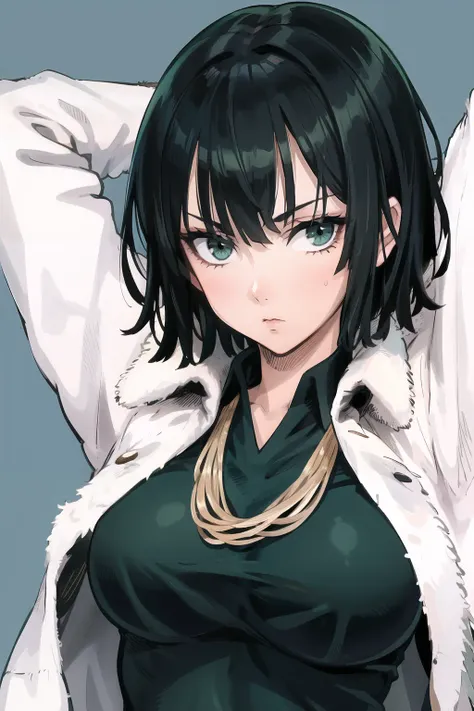 fubuki, 1girl, solo, dress, fur coat, green eyes, looking at viewer, upper body, arms behind head, <lora:fubuki-06:0.8>