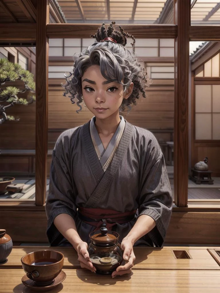 1girl Sipping Tea in a Traditional Japanese Teahouse, (Sienna Skin), Space Gray hair color ,Curly hair style, <lora:EpicCanvas-Genesis-V1:1>