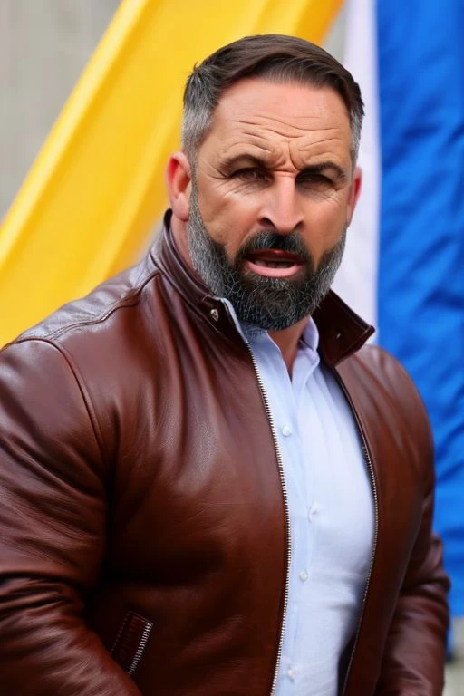 50 years old voksman (santivoks) slicked-back hair, huge muscles in leather jacket serious, open mouth.