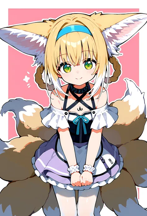 score_9,score_8_up,score_7_up,source_anime BREAK <lora:Suzuran_pony:1>,1girl,solo,suzuran,tails,multiple tails,animal ear fluff,animal ears,blonde hair,green eyes,default outfit,purple skirt,hair rings,blue hairband,bare shoulders,white pantyhose,collar,smile,kawaii,closed mouth,looking at viewer,simple background,(lightpink background,white border),white outline,