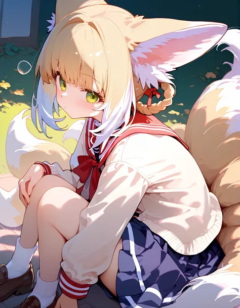 score_9,score_8_up,score_7_up,
1girl,solo,suzuran,<lora:Suzuran_pony:1>,closed mouth,green eyes,drunk,hair rings,animal ear fluff,blonde hair,multiple tails,fox tail,outdoors,in a meadow,(school uniform:1.2),on floor,hands on own knee,from side,hands tuck,looking at viewer,