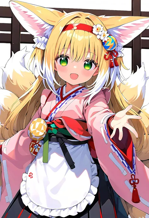 score_9,score_8_up,score_7_up,source_anime BREAK <lora:Suzuran_pony:1>,1girl,solo,suzuran,tails,multiple tails,animal ear fluff,animal ears,blonde hair,green eyes,yukibare,long hair,hair ornament,hair flower,red hairband,japanese clothes,pink kimono,black hakama,wide sleeves,apron,obi,looking at viewer,smile,open mouth,outstretched arm,happy,