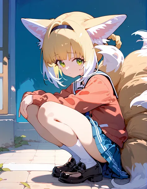 score_9,score_8_up,score_7_up,
1girl,solo,suzuran,<lora:Suzuran_pony:1>,closed mouth,green eyes,tearing_up,hair rings,animal ear fluff,blonde hair,multiple tails,fox tail,outdoors,in a meadow,(school uniform:1.2),on floor,(hands on own knee:1.1),squatting,from side,looking at viewer,