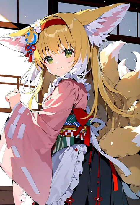 score_9,score_8_up,score_7_up,source_anime BREAK <lora:Suzuran_pony:1>,1girl,solo,suzuran,tails,multiple tails,animal ear fluff,animal ears,blonde hair,green eyes,looking at viewer,smile,closed mouth,, yukibare,long hair,hair ornament,hair flower,red hairband,japanese clothes,pink kimono,black hakama,wide sleeves,apron,obi