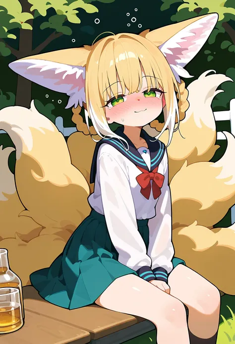 score_9,score_8_up,score_7_up,rating_safe,
1girl,solo,suzuran,<lora:Suzuran_pony:1>,closed mouth,green eyes,drunk,animal ear fluff,blonde hair,multiple tails,fox tail,school uniform,straddling,hands into clothes,outdoors,in a meadow,