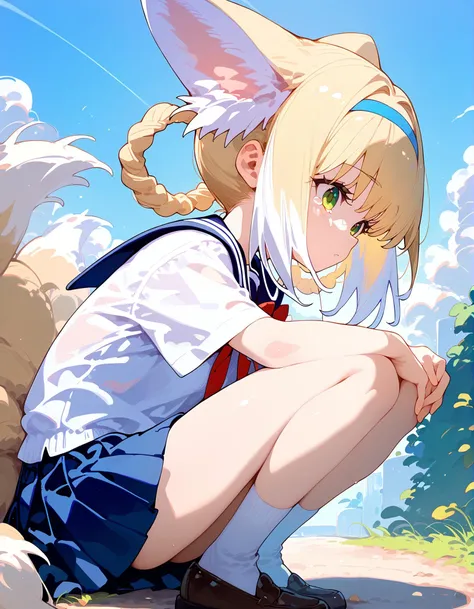 score_9,score_8_up,score_7_up,
1girl,solo,suzuran,<lora:Suzuran_pony:1>,closed mouth,green eyes,tearing_up,hair rings,animal ear fluff,blonde hair,multiple tails,fox tail,outdoors,in a meadow,(school uniform:1.2),(hands on own knee:1.1),squatting,from side,looking at viewer,