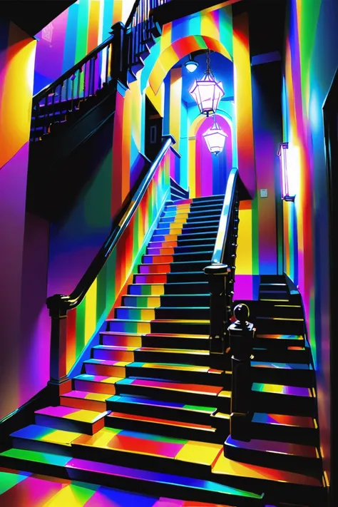 brightly lit interior, in a staircase<lora:EnvyBetterHiresFixXL01:0:hr=1><lora:EnvyRainbowGothicXL01:1>