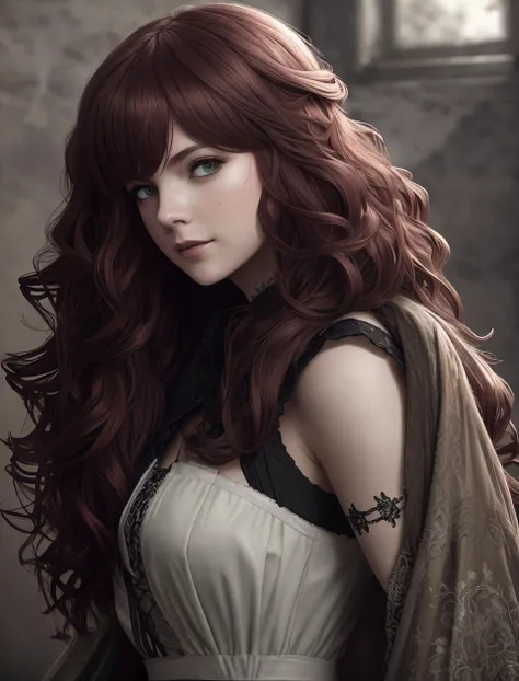 epic realistic, dark theme, masterpiece, 8k uhd, gorgeous girl, happy face, wavy red hair, thick hair, kind face, long white dress, action pose, <lora:Devola:0.7> <lora:lowra_v10:0.3>, (dark shot:1.22), neutral colors, (hdr:1.4), (muted colors:1.4), (intricate), (artstation:1.2), hyperdetailed, dramatic, intricate details, (technicolor:0.9), (rutkowski:0.8), cinematic, detailed