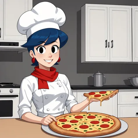 <lora:Darla_GetBlake_PXL_Leaf1:1>,
looking at viewer,smile,
solo,
Darla,1girl,blue hair,black eyes,
white hat,earrings,chef_uniform,red scarf,
pizza,kitchen,