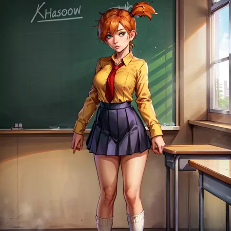 (beautiful), (masterpiece), (best quality), (perfect lighting), (ultra-detailed), (best illustration), (best shadow), (an extremely delicate and beautiful), 1girl, solo, (orange hair), green eyes, misty \(pokemon\), <lora:Misty:0.9>, looking at viewer, extremely detailed face, detailed eyes, deep eyes, standing, sexy pose, fullbody, (cleavage:0.5), (tie, schoolgirl uniform, long sleeve dress shirt, black pleated skirt, socks), (classroom:)