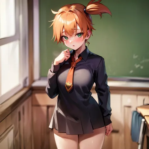 (beautiful), (masterpiece), (best quality), (perfect lighting), (ultra-detailed), (best illustration), (best shadow), (an extremely delicate and beautiful), 1girl, solo, (orange hair), green eyes, misty \(pokemon\), <lora:Misty:0.9>, looking at viewer, extremely detailed face, detailed eyes, deep eyes, standing, sexy pose, fullbody, (cleavage:0.5), (tie, schoolgirl uniform, long sleeve dress shirt, black pleated skirt, socks), (classroom:)
