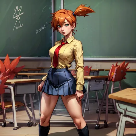 (beautiful), (masterpiece), (best quality), (ultra-detailed), (anime style), (best shadow), 1girl, solo, orange hair, green eyes, misty \(pokemon\), <lora:Misty:0.9>, beautiful face, detailed eyes, standing, sexy pose, fullbody, slim body, muscular, (flat chest:0.7), (cleavage:0.7), (schoolgirl uniform, tie, long sleeve dress shirt, black pleated skirt, socks), (classroom)