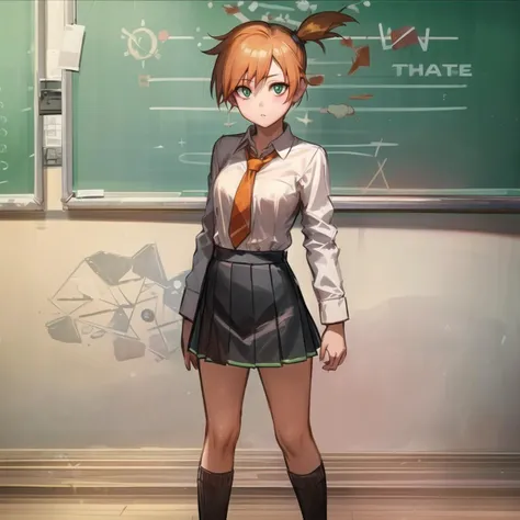 (beautiful), (masterpiece), (best quality), (perfect lighting), (ultra-detailed), (best illustration), (best shadow), (an extremely delicate and beautiful), 1girl, solo, (orange hair), green eyes, misty \(pokemon\), <lora:Misty:0.9>, looking at viewer, extremely detailed face, detailed eyes, deep eyes, standing, sexy pose, fullbody, (cleavage:0.5), (tie, schoolgirl uniform, long sleeve dress shirt, black pleated skirt, socks), (classroom:)