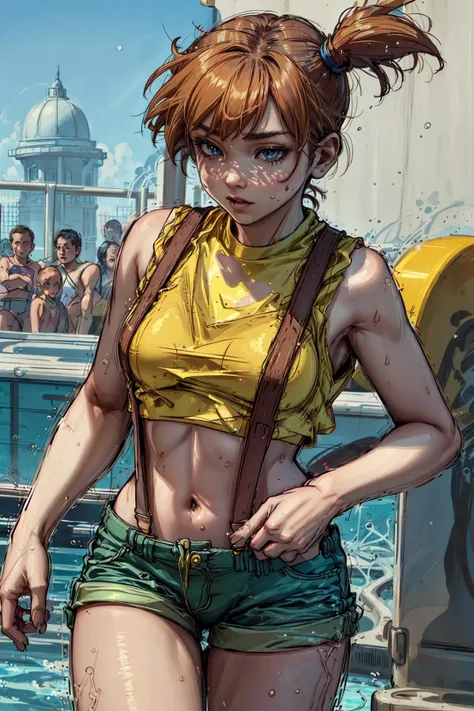 <lora:add_detail:0> <lora:Addams:0>  (best quality, masterpiece:1.2), photorealistic, thick outlines, strong shadows, 1 girl, full body, swimming pool, <lora:Misty:1> yellow shirt, crop top, suspenders, suspender shorts, detailed background, detailed face,