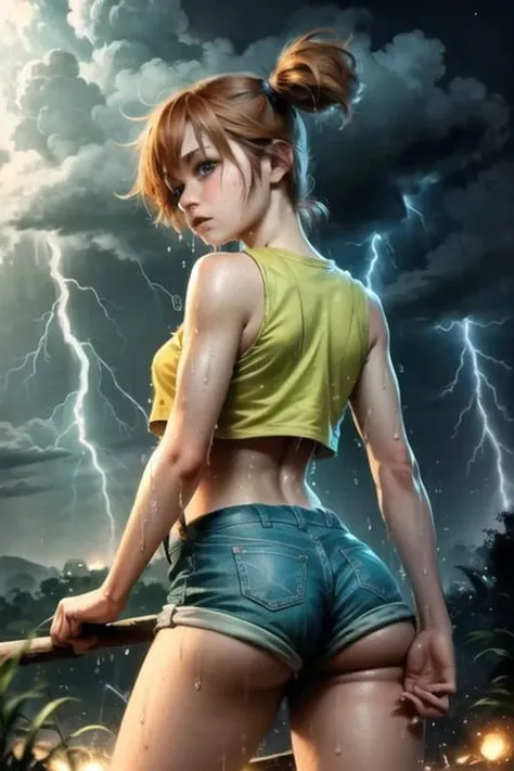beautiful, realistic, 8k, masterpiece, best quality, extremely detailed face, perfect lighting, 1girl, solo, green eyes, <lora:mistyPokemonLora8MB_misty:0.9>, yellow shirt, crop top, suspender shorts, from behind, cowboy shot, wet, outdoors, raining, night, moonlight , (((lightning)))