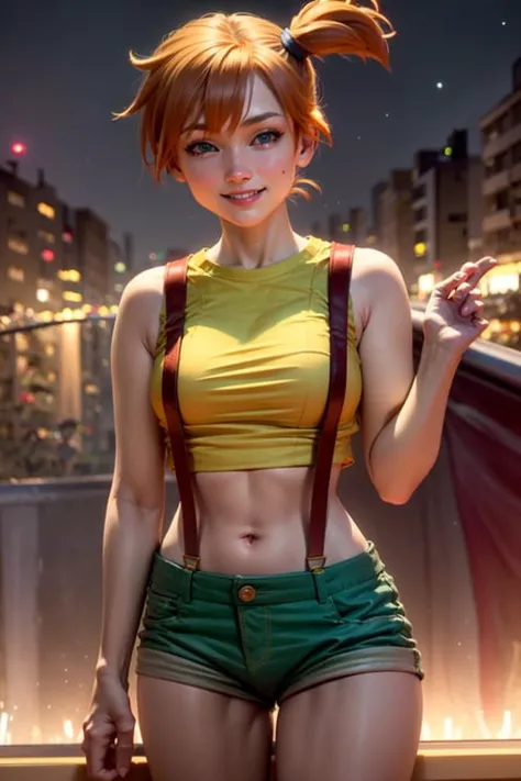 misty, masterpiece, highres, best quality, ultra-detailed, adult, mature, perfect lighting, female, 1girl, city, night, galaxy, moon, dark, smile <lora:CHAR-Misty:1.1>,  yellow shirt, crop top, suspenders,