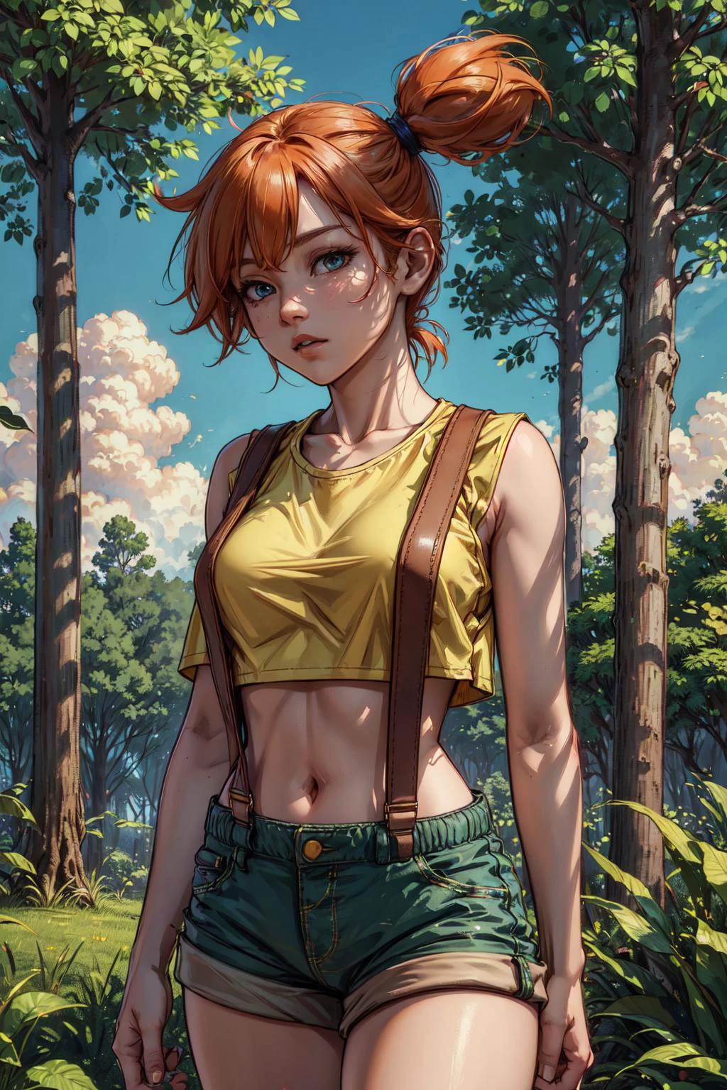 on grass, (best quality, masterpiece:1.2), photorealistic, thick outlines, strong shadows, 1 girl, full body, small breast, happy, forest, clearing, giant trees, blue sky, clouds <lora:Misty:0.6> orange hair, yellow shirt, crop top, suspender shorts , detailed background, detailed face,