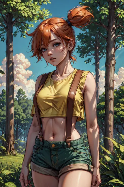 on grass, (best quality, masterpiece:1.2), photorealistic, thick outlines, strong shadows, 1 girl, full body, small breast, happy,  forest, clearing, giant trees, blue sky, clouds <lora:Misty:0.6> orange hair, yellow shirt, crop top, suspender shorts , detailed background, detailed face,