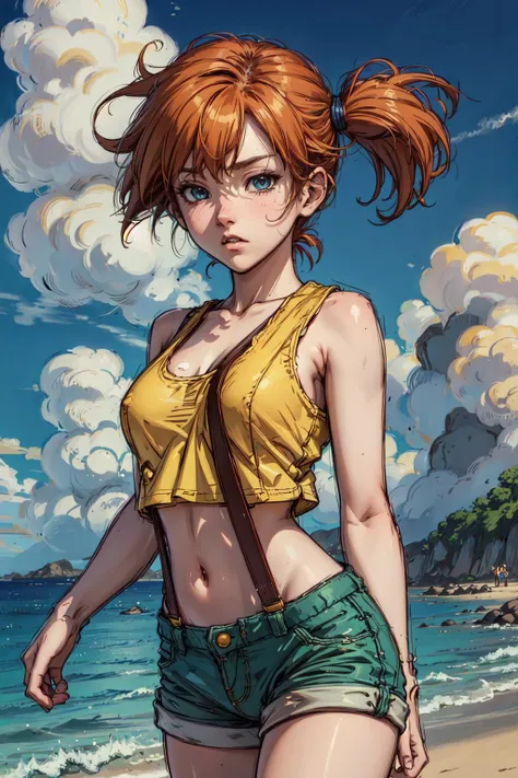 on grass, (best quality, masterpiece:1.2), photorealistic, anime. thick outlines, strong shadows, 1 girl, full body, small breast, beach, blue sky, clouds, <lora:Misty:0.6> orange hair, yellow crop top, suspender shorts , white shoes, detailed background, detailed face,