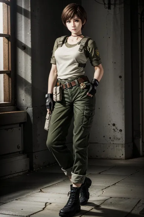 RebeccaRE, 1girl, solo, brown hair, gloves, fingerless gloves, boots, short hair, brown eyes, belt, holster, full body, uniform, pants, rebecca chambers
<lora:epi_noiseoffset2:1>,  <lora:RebeccaRE:0.7>