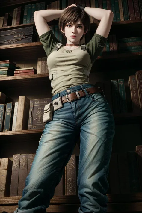 RebeccaRE, 1girl, solo, short hair, gloves, pants, brown hair, shirt, belt, denim, book, t-shirt, pouch, fingerless gloves, arms up, jeans, standing, realistic, arms behind head, bookshelf, from below, black gloves, rebecca chambers
<lora:epi_noiseoffset2:1>,  <lora:RebeccaRE:0.7>