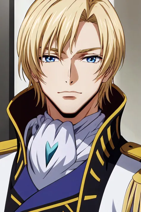(masterpiece, best quality:1.2), highres, anime screencap, anime coloring, 1boy, solo, male focus,
Schneizel_ELB_V1, mature male, blonde hair, short hair, bangs, blue eyes, (small eyes:1.2),
military, military uniform, ascot, brooch, epaulettes,
looking at viewer, facing viewer, portrait,
<lora:add_detail_CyberAlchemist:0.4>, <lora:GoodHands-beta2:0.8>, <lora:SchneizelELBV1-000010:0.8>