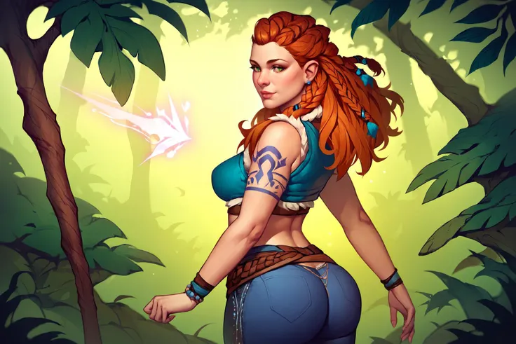 score_9, score_8_up, score_7_up, source_cartoon, big ass, ass foccus, booty shake, twerking ass, highly detailed background, tropical forest, magic, colored light, 1girl, Aloy from back, Horizon Zero Dawn, mature, meticulously detailed, blue tribal tattoo on face equipped with her signature bow and arrows, dressed in tribal armor with an, (exposed midriff:1.4), and a feathered headdress, green eyes, orange hair, hard surfaces, deep color, avatar, avatar 2, PONYQUALITYzPDXL, <lora:zako:1> zako