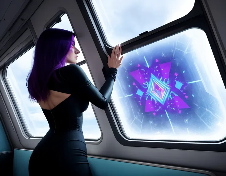 three cornered window, back of head shot of (woman looking out of triangle window:1.1), 3rd person, Looking out the triangular window of a (train:1.1) with triangular windows, triangular windows and triangular, wheels,  in a fantasy world, 
psychedelic, geometric, vivid light, high contrast, triadic colors, dark shadows,  explosions, nuclear mushroom cloud, nuclear explosion, dystopian nightmare, 
(beautiful composition),
21 yo woman,