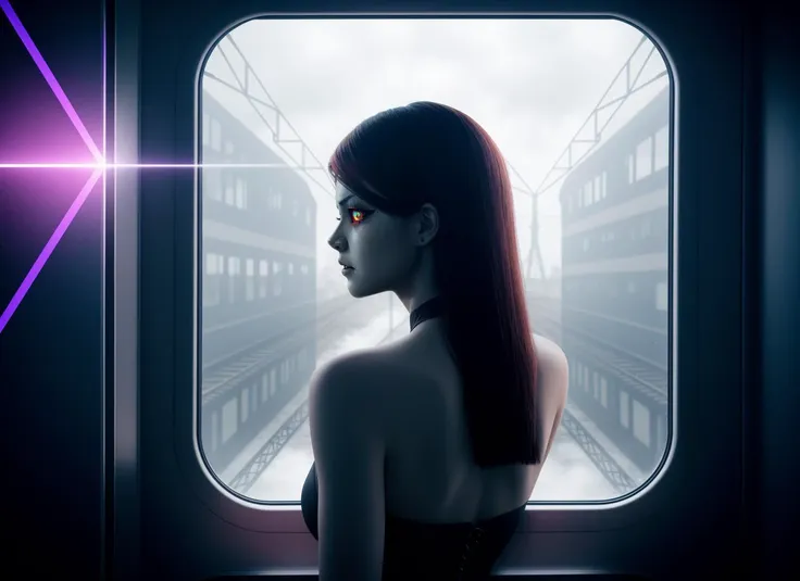 three cornered window, back of head shot of (woman looking out of triangle window:1.1), 3rd person, Looking out the triangular window of a (train:1.1) with triangular windows, triangular windows and triangular, wheels,  in a fantasy world, 
psychedelic, geometric, vivid light, high contrast, triadic colors, dark shadows,  explosions, nuclear mushroom cloud, nuclear explosion, dystopian nightmare, 
(beautiful composition),
21 yo woman,