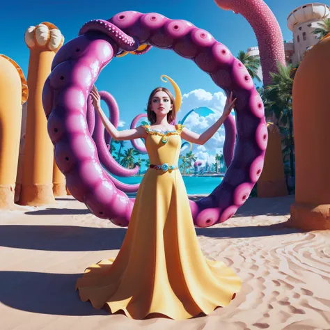 ukrainan woman, in dress, multiple tentacle, girl is looking at a giant mirror, (large tentacle rising upwards from the sand), best quality, photorealistic, masterwork, ray tracing