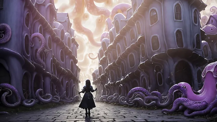 nightmare horror, photo raw, hyperrealistic, hyperdetailed, 4k, cinematic, cute young sorceress woman in medieval fantasy dress, walking on street (fantasy medieval night town captured by tentacles:1.5), (tentacles overfilled houses:1.5), huge tentacles monters in the sky