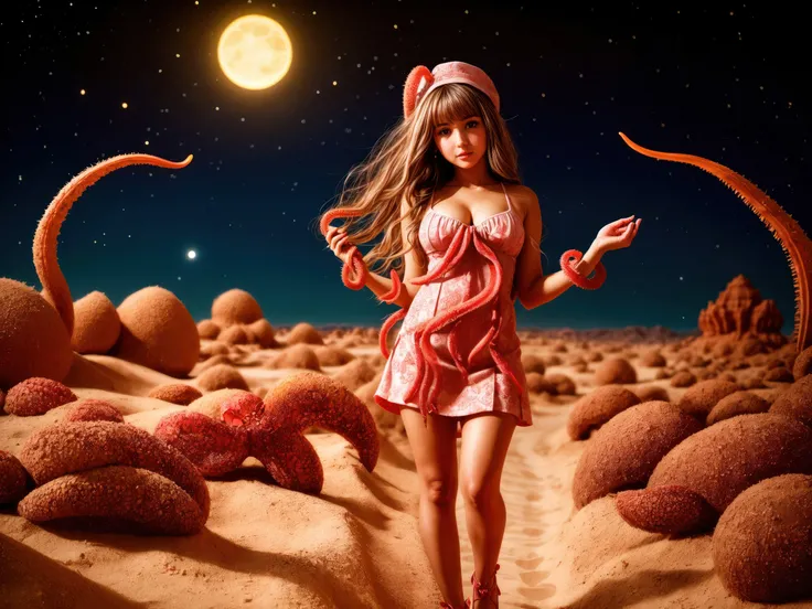 photo raw, hyperrealistic, hyperdetailed, cute weavy brown hair busty young woman, cotton dress, tan lace stockings, pumps shoes, walking through (sand desert), many [pink:red] (tentacles:1.4) that look like cactus in desert, (night moon and star), (front view:1.3) <lora:more_details:1.3>