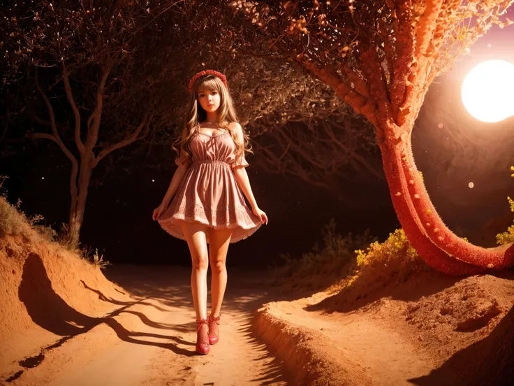 photo raw, hyperrealistic, hyperdetailed, cute weavy brown hair busty young woman, cotton dress, tan lace stockings, pumps shoes, walking through (sand desert), many [pink:red] (tentacles:1.4) that look like cactus in desert, (night moon and star), (front view:1.3) <lora:more_details:1.3>