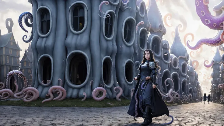 nightmare horror, photo raw, hyperrealistic, hyperdetailed, 4k, cinematic, cute young sorceress woman in medieval fantasy dress, walking on street (fantasy medieval night town captured by tentacles:1.5), (tentacles overfilled houses:1.5), huge tentacles monters in the sky