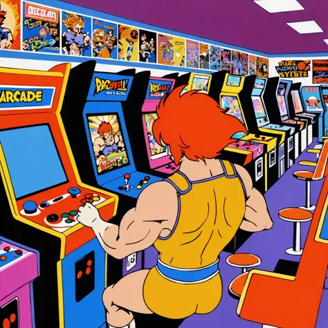 Lion-O man playing arcade inside a retro arcade store, vibrant neon colors, videogame posters, anime, dragon ball style<lora:Lion-O-v1-000003:0.7>