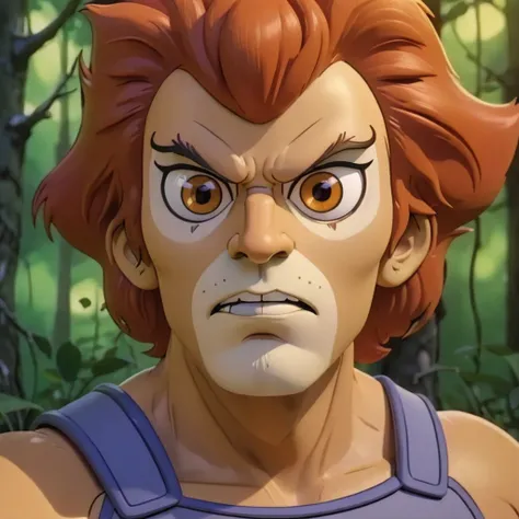 close-up, Lion-O man standing in a forest  <lora:Lion-O-v1-000003:0.7> stylized 3D cartoon, big eyes, big head, cinematic light, high contrast shadows