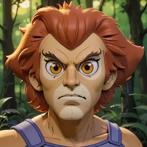 close-up, Lion-O man standing in a forest <lora:Lion-O-v1-000003:0.7> stylized 3D cartoon, big eyes, big head, cinematic light, high contrast shadows