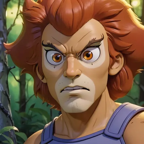 close-up, Lion-O man standing in a forest  <lora:Lion-O-v1-000003:0.7> stylized 3D cartoon, big eyes, big head, cinematic light, high contrast shadows