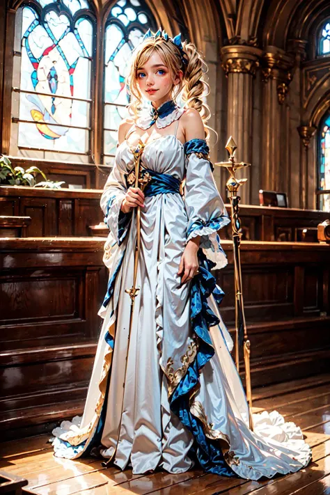 <lora:barbara(OPU):0.75>, (Barbara \(genshin impact\), ((blue eyes,blonde hair, twintails)), white dress,drill hair,bare shoulders,detached sleeves,white headwear, ((twin drills)), hair ornament,detached collar,long sleeves, several posture, cute smile):1.22,
BREAK ((1woman, young woman, adorable, clear face, young face, solo)), ((full body)):1.34,
BREAK ((milky skin, curvy body, slender body, woman hands, good anatomy)),
BREAK soft light, cinematic lighting, detailed(shadow, glow),
BREAK <lora:add_detail:0.45>, extremely detailed, ,4K, CG, finely detailed, (masterpiece, best quality):2.0, ((photorealistic:1.15)),
BREAK <lora:uber_saggy2:0.68>, saggy, sagging_breasts, <lora:Big_boobs:0.55>, ((huge breasts)), <lora:GoodHands-vanilla:0.75>,
((cozy, indoors, luxury church, high windows, bottle of water, goddess statue, staff, ray light))