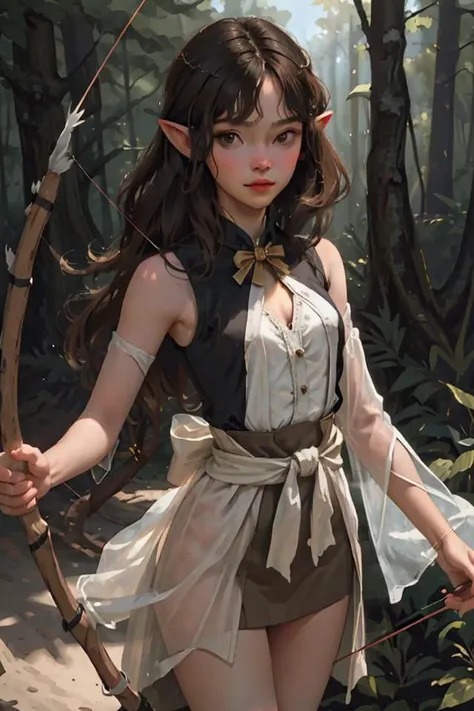 (best quality, masterpiece:1.3), 1girl, Archer, (holding a bow and arrow, standing, cowboy shot), looking at viewer, brunette hair, sunlight, forest, waist, blouse_front, sleeveless, elegant elf, chest cutout, haughty, contemptuous