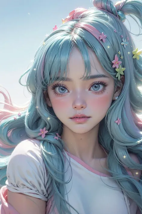 (fluorescent colors:1.4), candy world Disney land ethereal soft fluffy soft landscape forest snowavatar Pastel pink sky green blue sparkle ethereal light pastel whimsical light rainbow stars diamonds sparkle gemstone background hyper realistic Ultra quality cinematic lighting immense detail Full hd painting Well lit, diagonal bangs, sexy clothes, on side masterpiece, best quality, realskin, (portrait:1.5), 1girl, blunt bangs, long hair