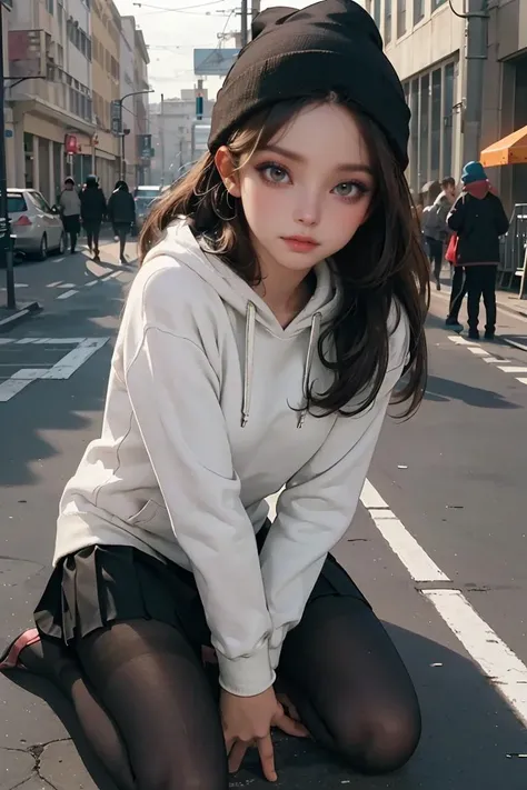 (best quality, masterpiece), 1girl, hoodie, long hair, street, kneeling, looking at viewer, beanie, skirt, makeup, piercing, pantyhose,