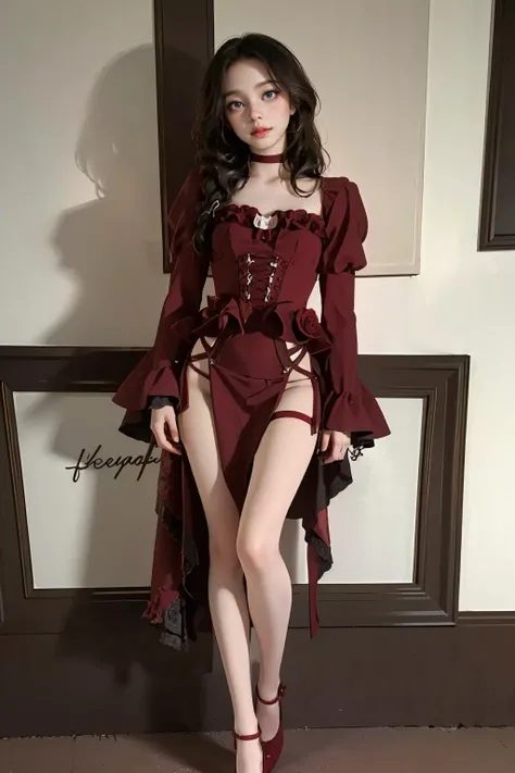1girl, <lora:Sl1tM3rm41d:0.75> Sl1tM3rm41d,long sleeves,full body,puffy sleeves,red dress,juliet sleeves,choker,nsfw,
(ultra realistic,32k, masterpiece:1.2),(high detailed skin:1.1),( high quality:1.1),
detailed hair,
intricate detail,
(detailed realistic background:1.3),
realistic lighting,
[cinematic lighting|sunset lighting],
hyperrealism,
soothing tones,
muted colors,
high contrast,
soft light,
sharp,
artistic photoshoot,
snake braid ginger hair,
cute,slender,european, eyes,pale cheeks,square face shape with angular jaw,natural "no-makeup" makeup,freckles,
Petite, senior,modest breasts, 
Victorian drawing room, grand tapestries hung on the walls,
